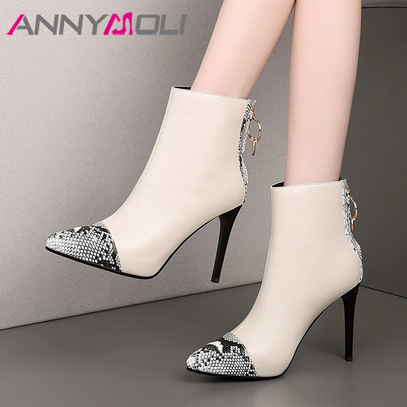 ANNYMOLI Winter Ankle Boots Women Genuine Leather Zip Thin Heels Short Boots Snake Print Super High Heel Shoes Female Autumn 39