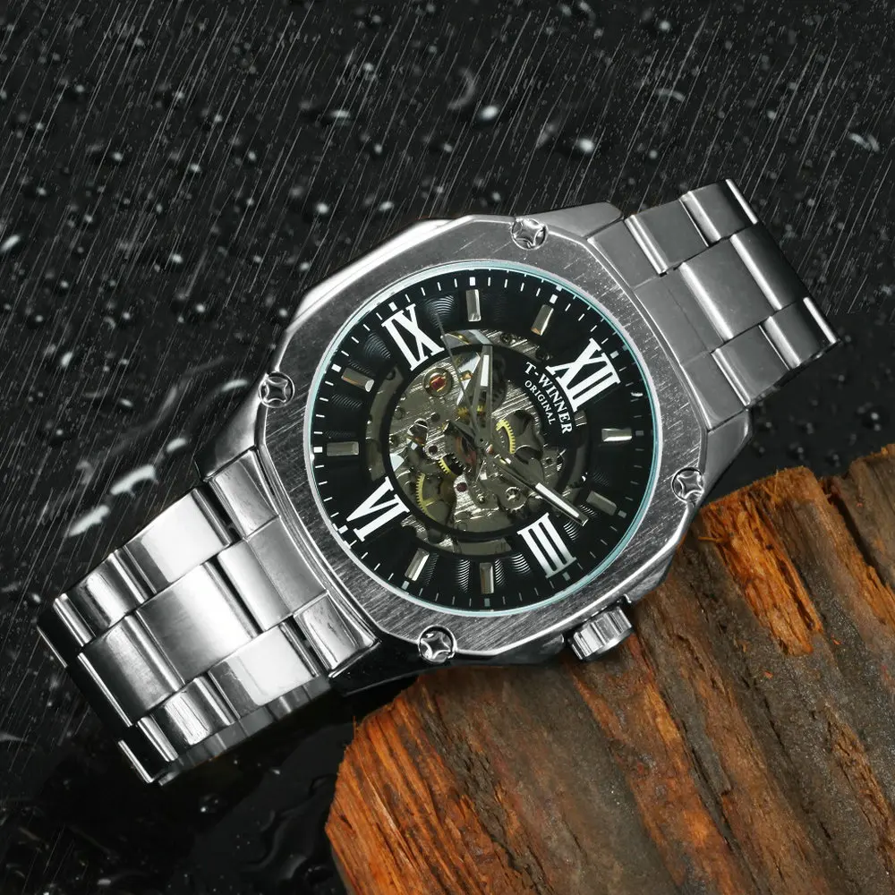 Skup Zwycięzca oficjalna moda automatyczny zegarek mężczyźni szkielet mechaniczne męskie zegarki Top marka luksusowy zegarek ze stali nierdzewnej kwadratowy