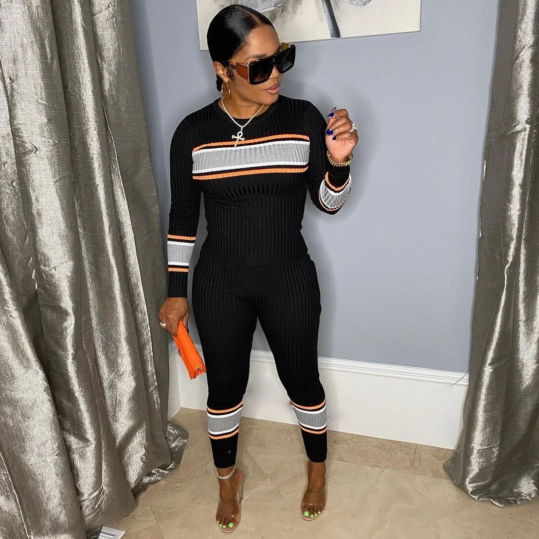 

Chocomist Two-pieces Casual Fashion Color Block Knitting Women Pants Set