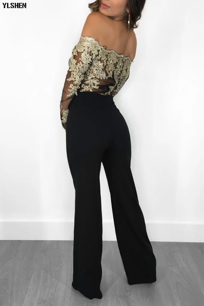 Women Jumpsuit Sexy Lace Ladies Jumpsuits Party Casual Wide Leg Overalls Off Shoulder Long Sleeve Romper Skinny Rompers Trousers 16
