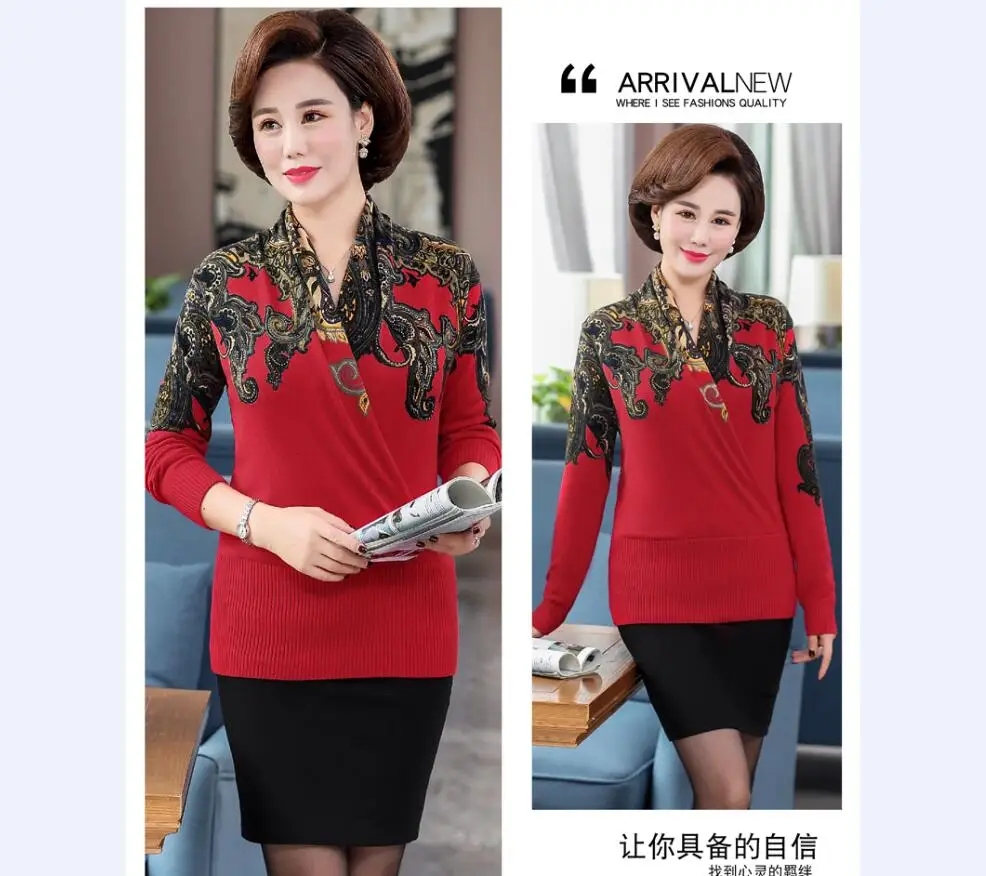 Plus Size 4XL Women's Autumn Winter floral Sweaters Pullovers Warm Bottoming V-neck knit Sweater Tops