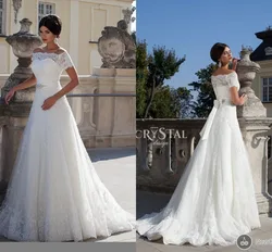 Women Scalloped Bow Short Button A-Line Princess Lace Bridal Gown Floor-Length Sweep Train 2018 mother of the bride dresses