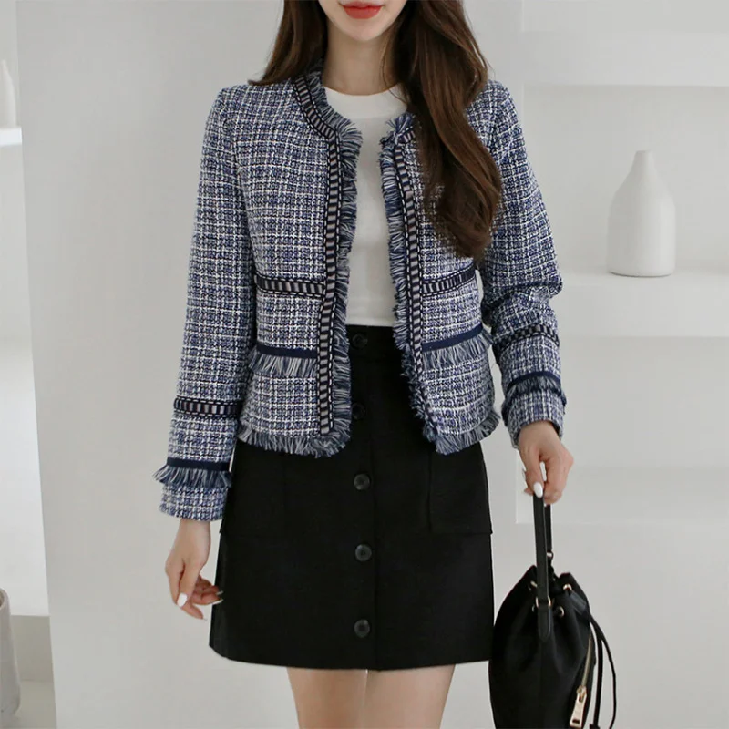 Женский твидовый жакет Осенний с длинным рукавом и кисточками короткий открытым