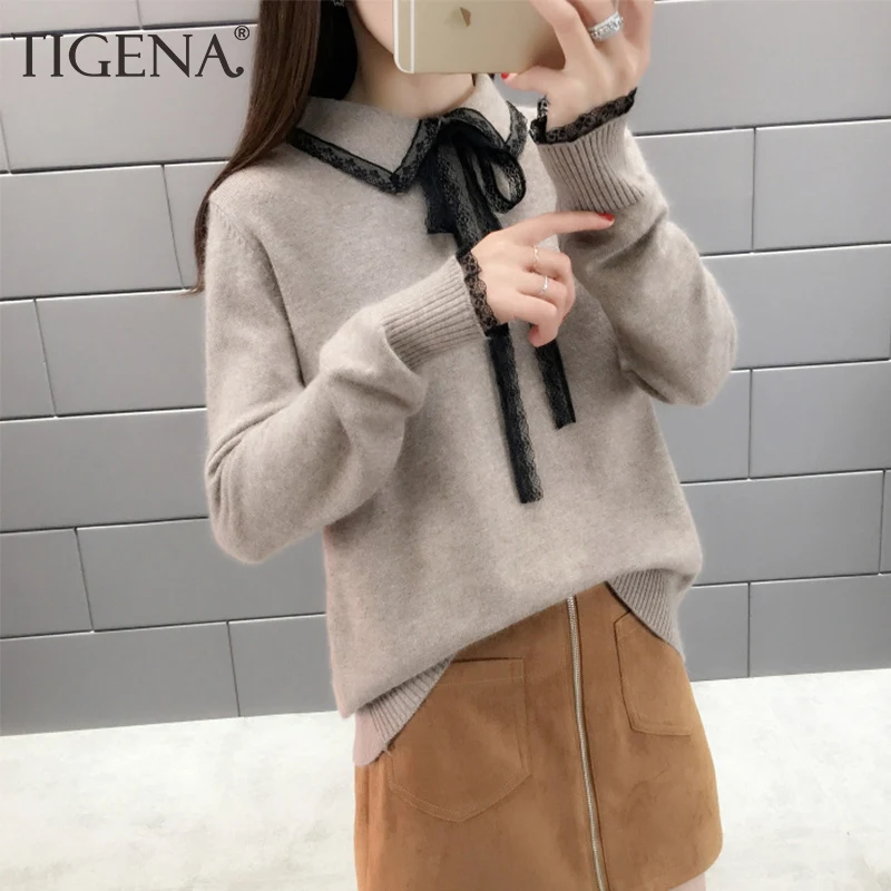 Beste TIGENA Elegante Kant Turn down Collor Trui Vrouwen Jumper 2019 Herfst Winter Lange Mouw Gebreide Trui Vrouwelijke Kaki