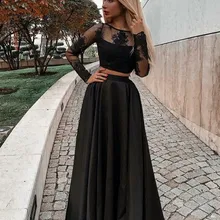 Скромное, на выпускной платье из двух частей с длинными рукавами черное платье для выпускного вечера с аппликацией