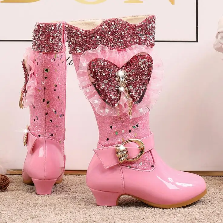 

Girls High Heel Mid Calf Rhinestone Boots New Children Princess Boots Fashion Girls Party Shoes Cosplay Dress Shoes for Party