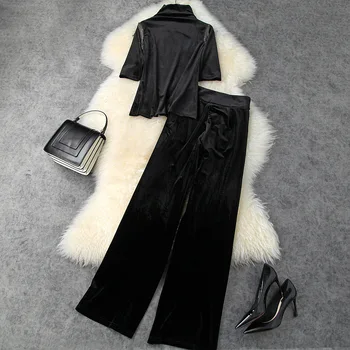 

European and American women's clothing 2020 autumn new style Five-sleeved hoodie Beaded fringed trousers Fashionable velvet suit