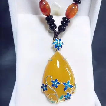 

2020 Fine Jewelry 925 Silver Inlaid Natural Chalcedony Cloisonne Flowers Pendant Necklace Sweater Chain Gifts Free Shipping