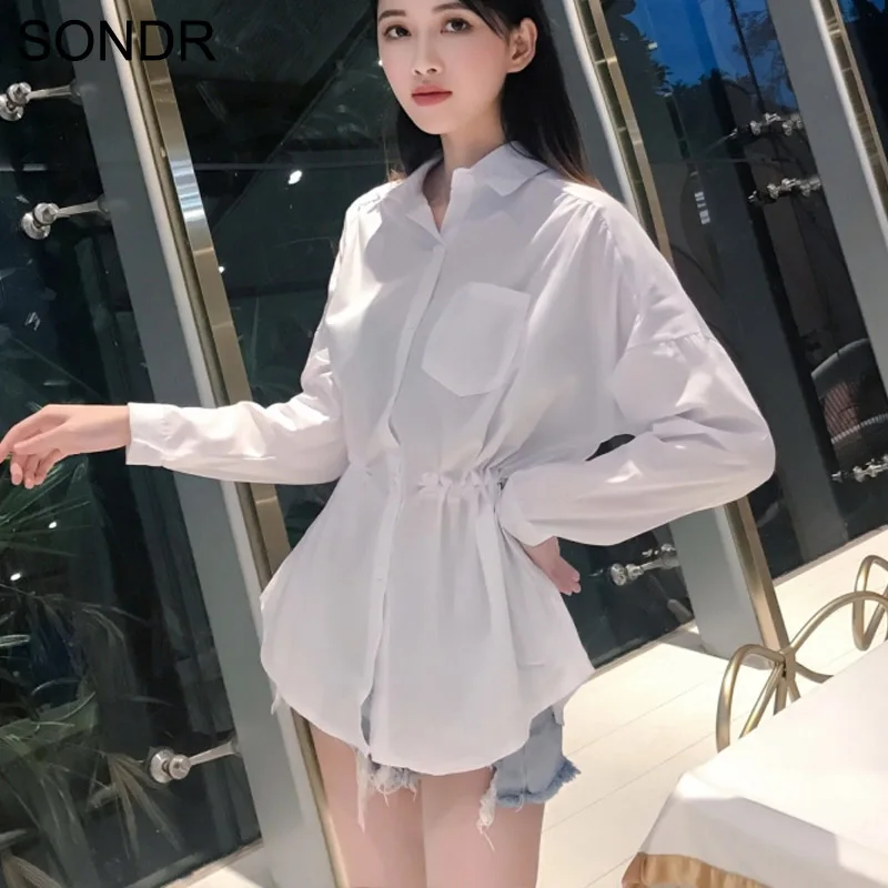 

Women'S White Shirt Loose Temperament Waist Thin Shirt 2020 Spring Autumn New Mid-Length High Waist Korean Version Womens Shirts