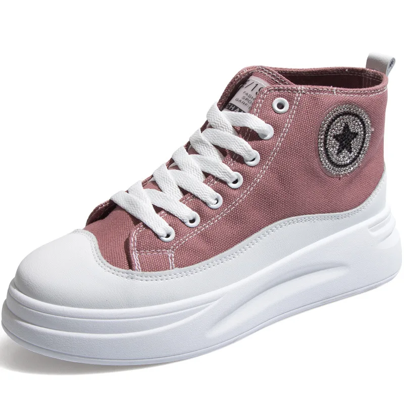 Белая обувь Новинка Женская парусиновая с высоким берцем Модные кроссовки на