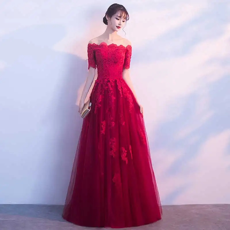 wine red Роскошные платья с аппликацией из тюля винно-Красного цвета для выпускного вечера, длинные, элегантные платья с открытыми плечами, длина до пола, женские вечерние платья с рукавами - Color: wine red