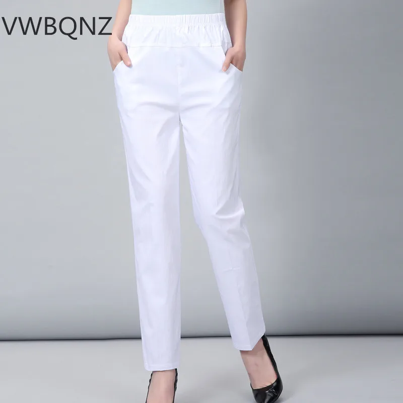 

Middle-aged Mother Cotton Trousers Summer Loose Large size Stretch Straight-leg Pants White High-waist Ankle length Casual pants