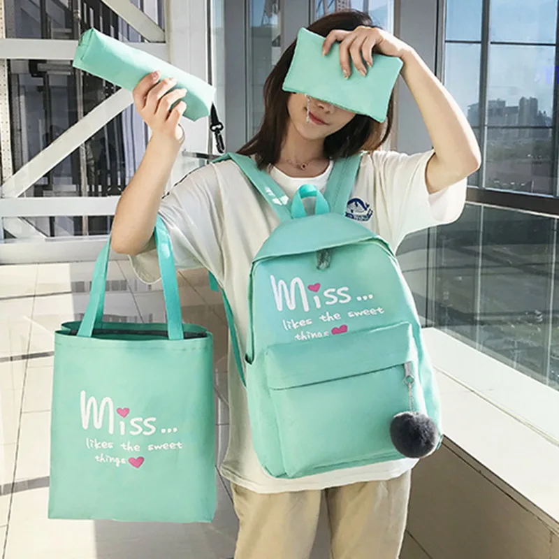 

WENYUJH 4 pcs/set Fashion Nylon Backpack Schoolbags School For Girl Teenagers Casual Travel Bags Rucksack Cute letter Printing