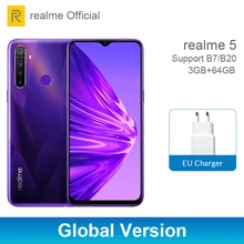 Realme 5, глобальная версия, 3 ГБ, 64 ГБ, 6,5 дюйма, мобильный телефон Snapdragon 665, четыре ядра, 12 МП, камера, мобильный телефон, 5000 мАч, 10 Вт, быстрое зарядное устройство