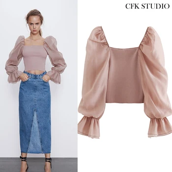 

Za 1:1 Women Blouse with Slash Neck Puff Voile Long Sleeve Shirt Femme 2020 New Summer Elegant Casual Pink Blouse Top