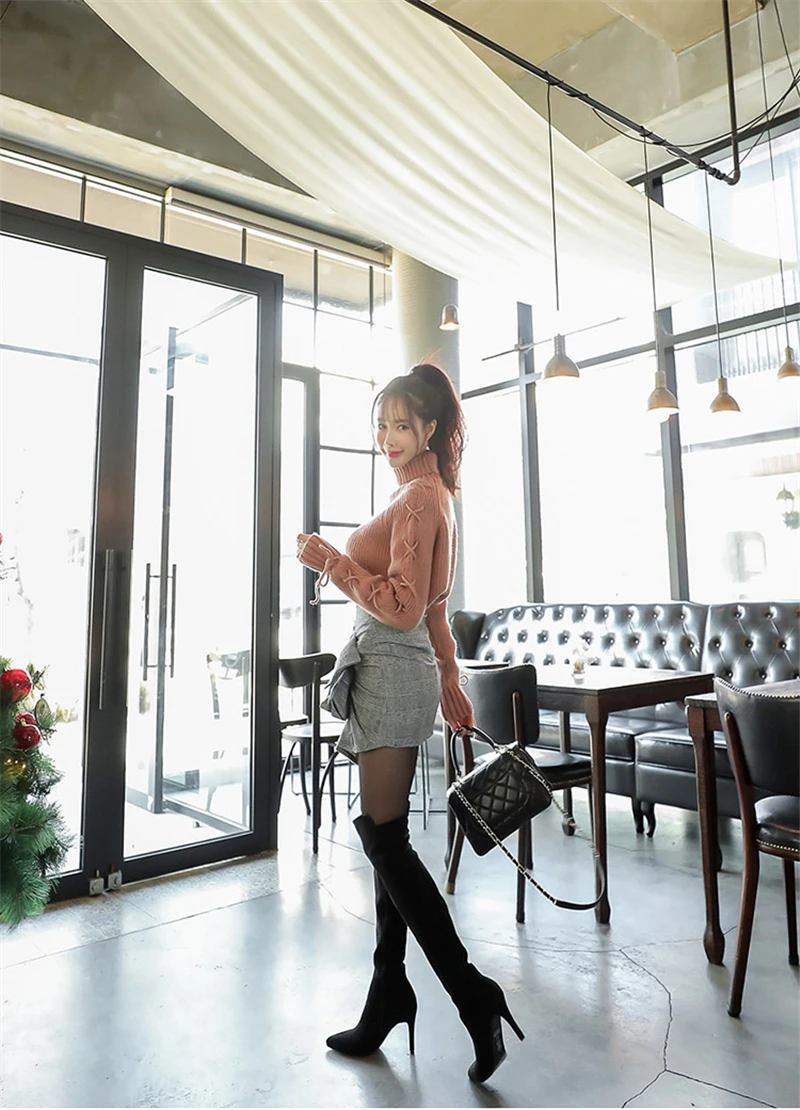 BGTEEVER Winter Thick Turtleneck Knitted Jumpers for Women Sweater Fashion Cross Lace Up Winter Sweater Female Pullovers