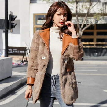 

2020 Autumn Winter Jacket Women Real Fur Coat Natural Rabbit Fur Outerwear PU Leather Blazers New Fashion Streetwear PC4