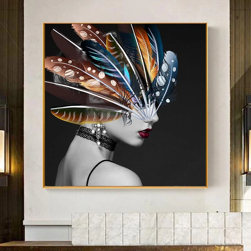 

Portrait Art Canvas Paintings On The Wall Posters And Prints Girl with Feather Canvas Prints Home Wall Decorative Pictures