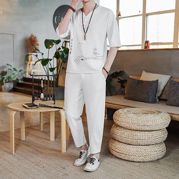 

5 Colors Short Sleeve Shirt + Ankle Length Pants 2pcs Set Men Summer Streetwear Linen Tracksuit Loose Fit Clothes For Men XXXXXL