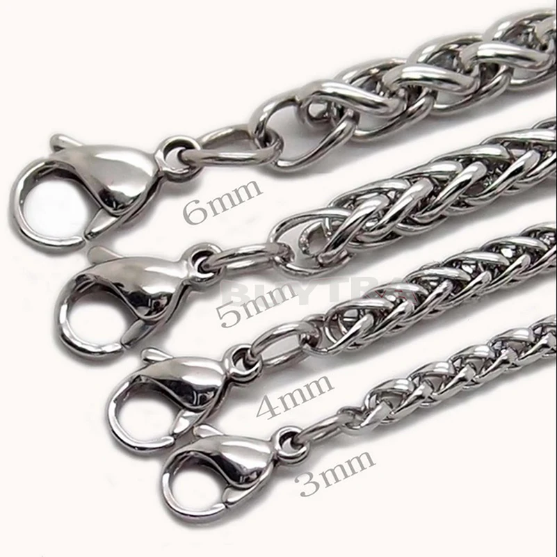 3/4/5/6MM  Mens Silver Stainless Steel Wheat Braided Chain Necklace Punk Rock Biker Gift