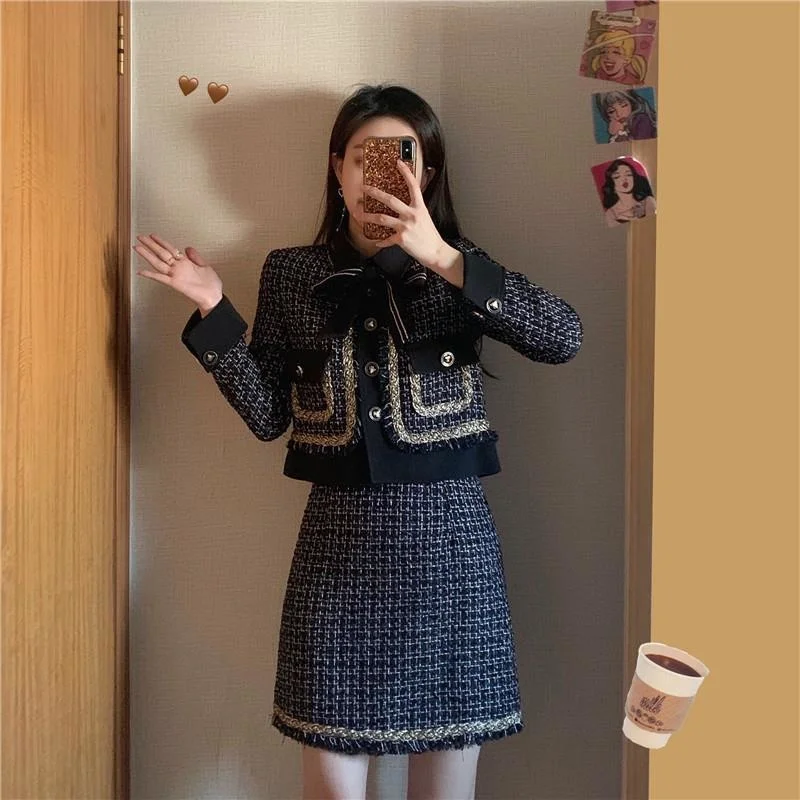 

2 Piece Suits Autumn Chic Set Women Korean Vintage Temperament Lapel Tweed Button Plaid Tweed Short Jacket + High Waist Skirt