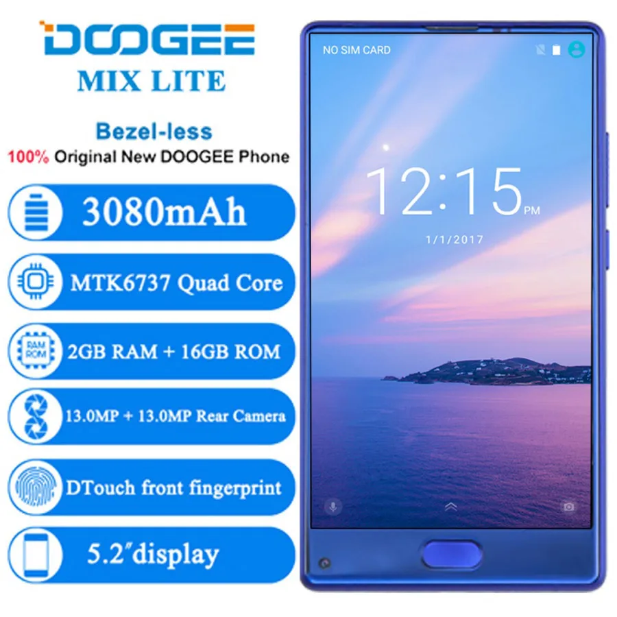 Оригинальный смартфон DOOGEE MIX Lite с двойной камерой 5,2 ''MTK6737 четырехъядерный процессор 2 ГБ + 16 ГБ Android 7,0 3080 мАч мобильный телефон с отпечатком