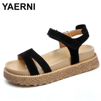 

YAERNICow suede Leather Women Beach sandals shoes Platform ladies Flats Sandals shoe 2018 summer Fashion Luxury casual sandals