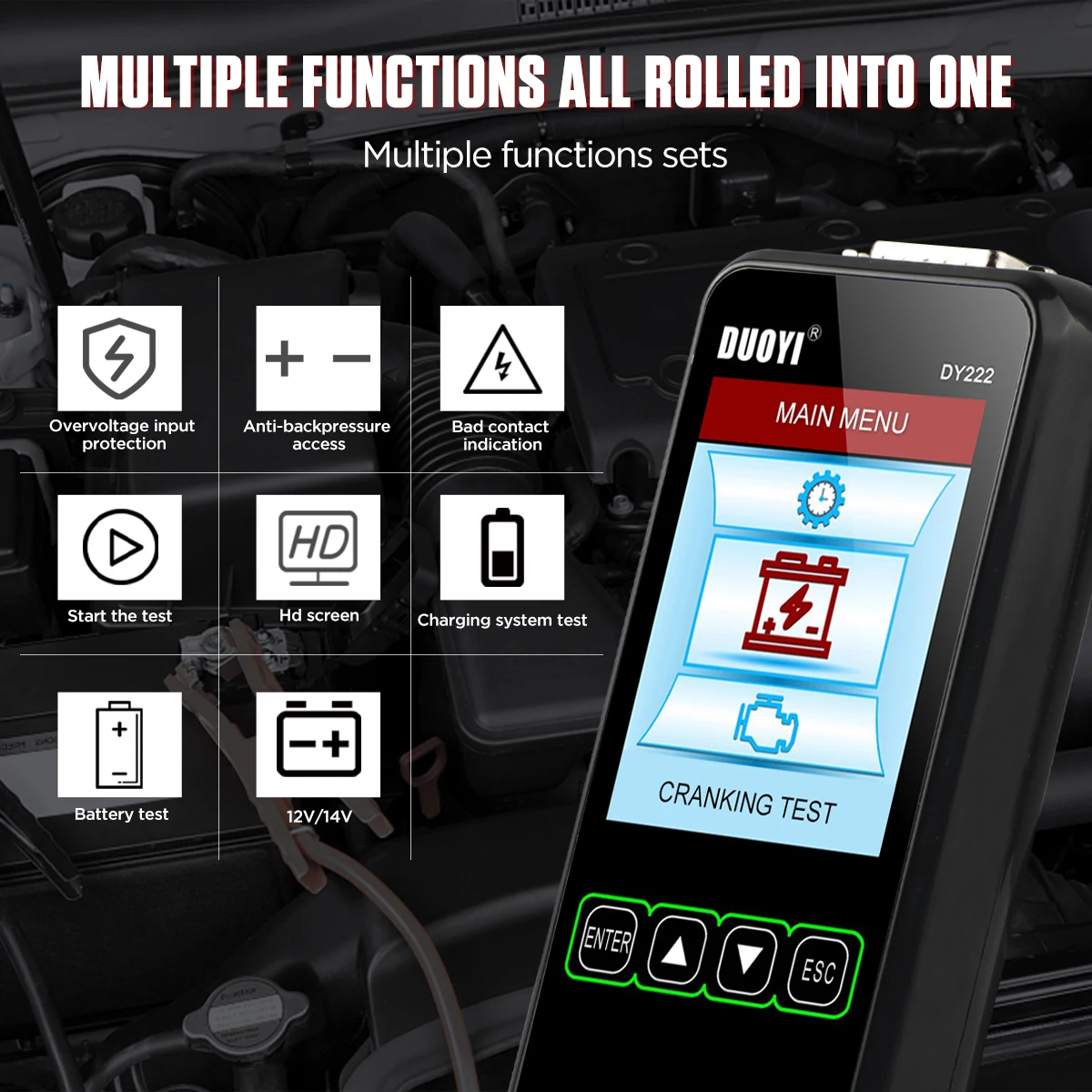 DUOYI 3.2" LCD Screen Car Battery Tester 12V 24V Digital Automotive Diagnostic Battery Analyzer Cranking Charging Test Tool