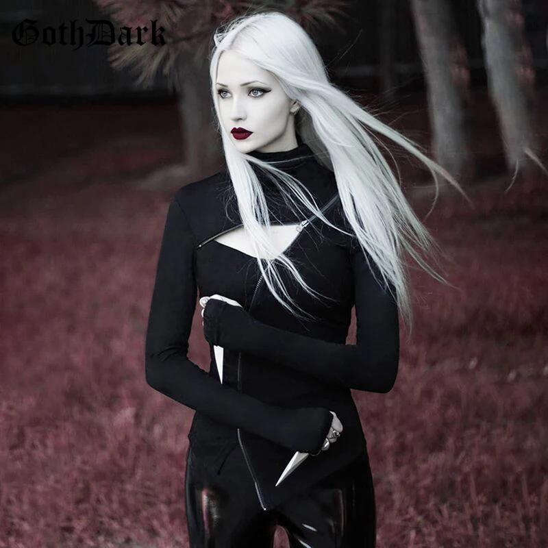 

Goth Dark Patchwork Grunge Gothic Women's T-shirt Harajuku Vintage Aesthetic Hollow Out Fall 2019 Zipper Tshirt Longsleeve