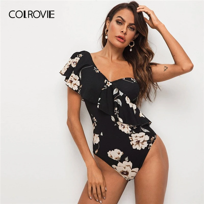 COLROVIE Black Flounce Foldover One Shoulder Floral Bodysuit Women 2020 Summer Elegant Ruffle Wrap Skinny Bodysuits COLROVIE Black Flounce Foldover One Shoulder Floral Bodysuit Women 2020 Summer Elegant Ruffle Wrap Skinny Bodysuits