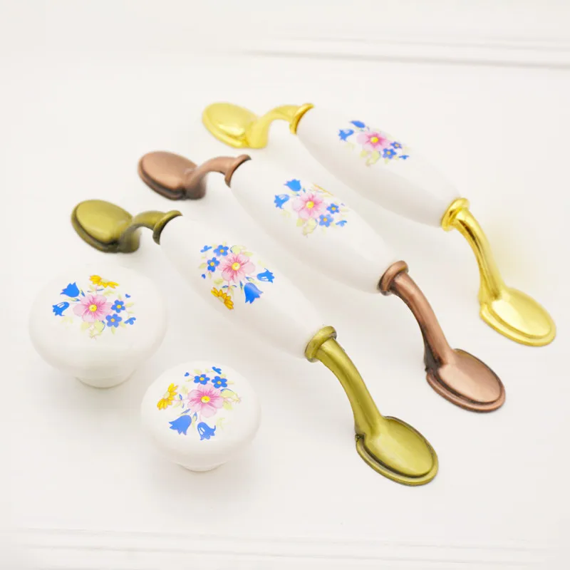 

Pastoral Style Ceramic Handle Flowers Print Hand Vintage European Style Cabinet Wardrobe Chrysanthemum Single Bore Drawer Gold