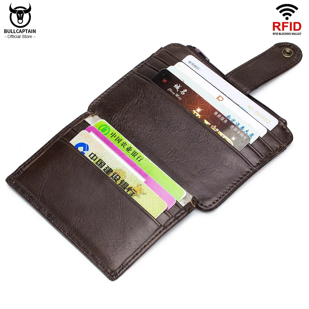 BULLCAPTAIN Genuine Leather RFID Blocking Zipper Card Holder Credit Cart Wallet Mini Slim Wallet Card & Id Holders Man Business