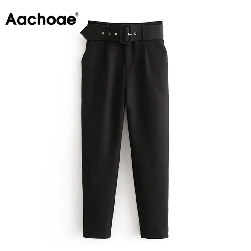 Aachoae Office Lady Black Suit Pants with Belt Women High Waist Solid Long Trousers Fashion Pockets Pants Trousers Pantalones Aachoae Office Lady Black Suit Pants with Belt Women High Waist Solid Long Trousers Fashion Pockets Pants Trousers Pantalones