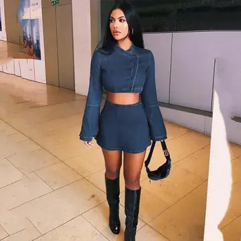 

2019 Fall Sexy Lady 2-Piece Blue Mini Sexy Skirt Set Ruffles Flare Sleeve Dress Set High Street 2 Piece Set