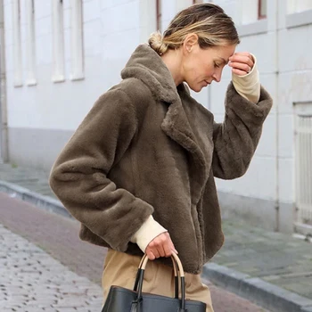 

Women Winter Fashion Fur Coat Fluffy Faux Rabbit Warm Solid Color Jacket Long Sleeve Short Slim Lapel Outerwear