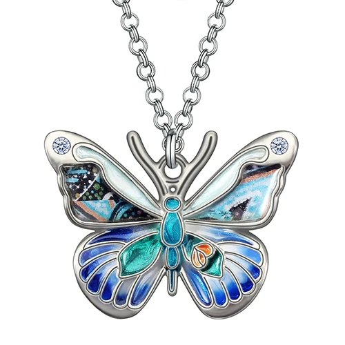 Bonsny Enamel Crystal Alloy Floral Insect Butterfly Necklace Pendant Chain Fashion Party Jewelry For Women Girl Teens Charm Gift Blue