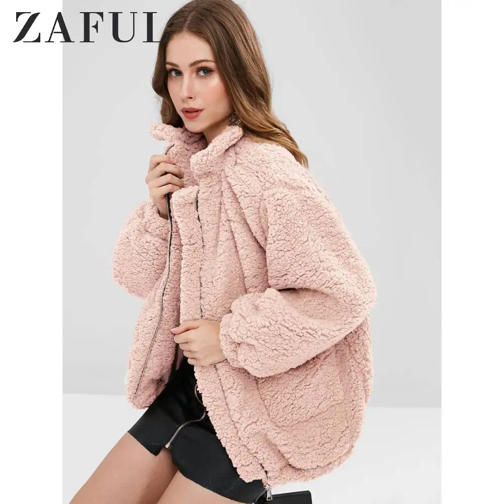 ZAFUL пальто с искусственным мехом, с карманами, на молнии, с карманами, с искусственным мехом, пальто с воротником-стойкой, однотонное, длинное, пушистое пальто, зимнее, теплое