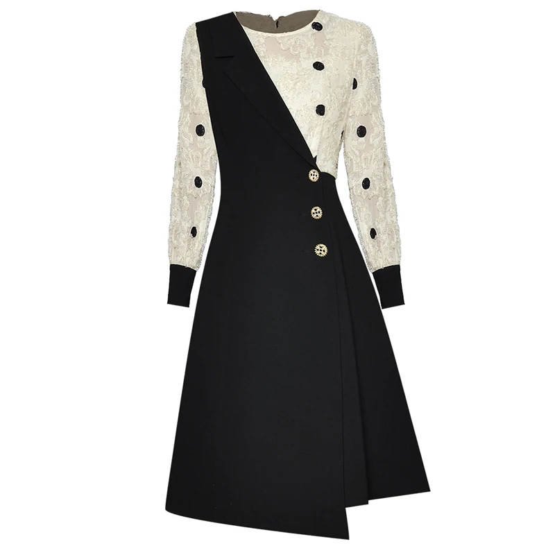 SEQINYY Office Lady Dress 2020 Spring Autumn New Fashion Design Women Dot Spliced Knee High Quality Button XXL