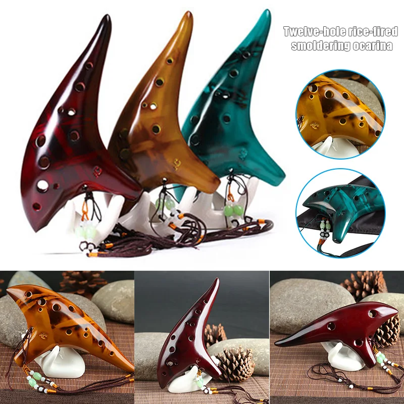 

12 Holes Alto C Ceramic Flute Smoked Burn Ocarina Submarine Style Musical Music Lover Beginner Mini Music Score Instrument FDX99