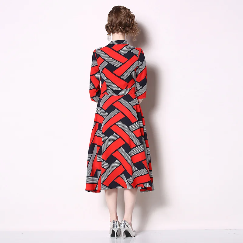 New Long Vestidos Womens Elegant Vintage Geometric Print Dresses Fashion Slim Plus Size Work Office Casual Party Dress