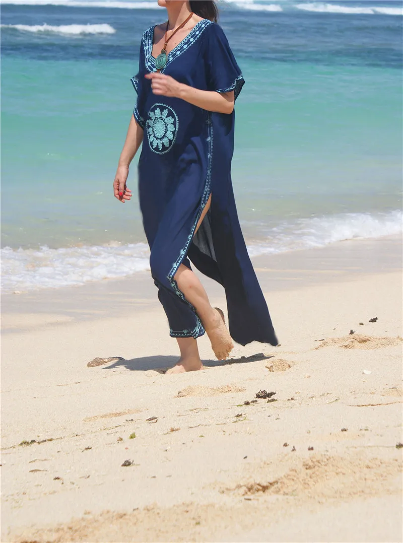 Черное марокканское платье-кафтан с v-образным вырезом, пляжный женский летний купальник, накидка размера плюс, рукав с разрезом по бокам, туника N643