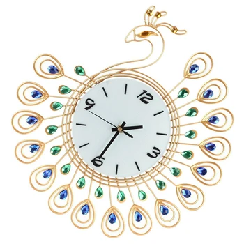 

Gold Diamond Peacock Metal Wall Clock Silent Home Living Room Decor No Battery 16cm In Diameter Iron + Diamond