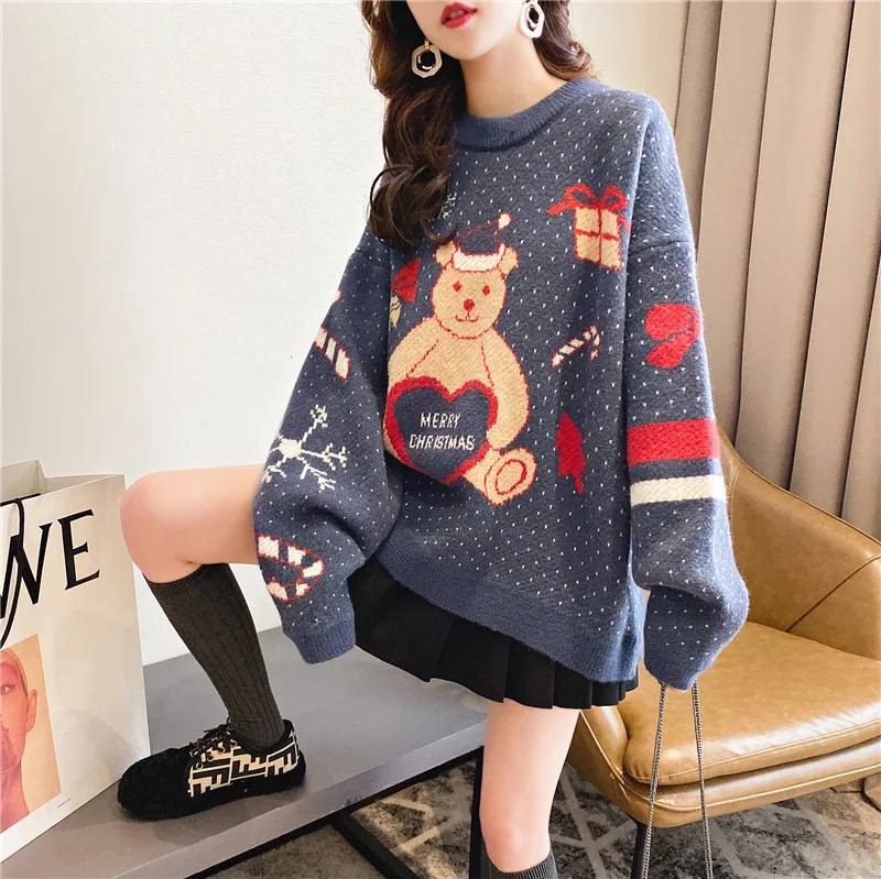 

Christmas Sweater Women's 2019 New Style Fashion Network Red Douyin Ultra-Loose Outer Wear Autumn And Winter Retro Hong Kong Fla