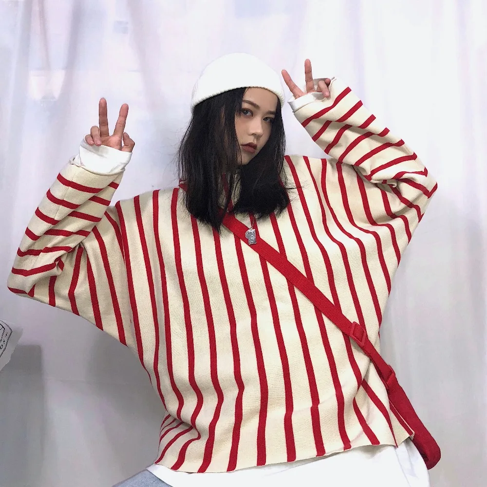 Корейский зимний ulzzang Harajuku шикарный модный полосатый Свободный Повседневный свитер с капюшоном уличный свободный осенний женский свитер