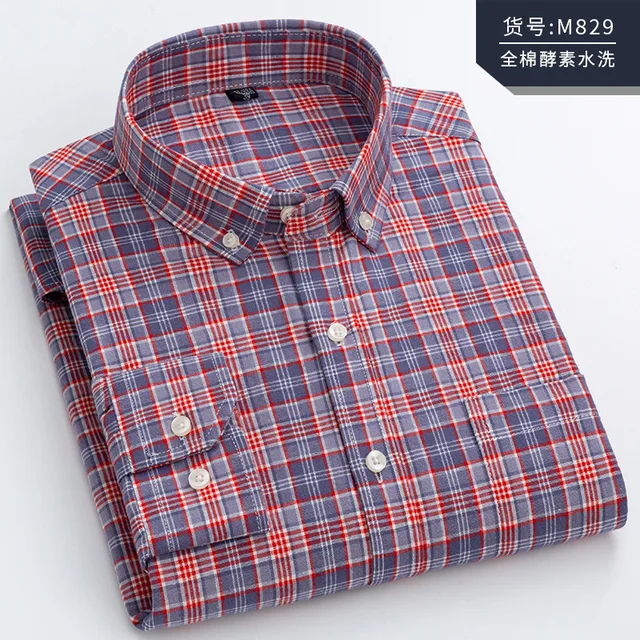 Men's Long Sleeve Plaid Shirt 100% pure cotton Male casual Check Shirts slim fit