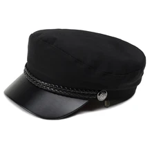 Модная военная шапка из искусственной кожи; сезон осень-зима; шерстяная Матросская шляпа для женщин и мужчин; Черная Женская кепка на плоской подошве; дорожная Кепка-кадетка Кепка Капитана