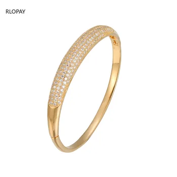 

Classic Model Copper Bracelet with Tension Mount Cubic Zircons Gold Ladies Hand Bangles Side Open Metal Bangle Bracelets