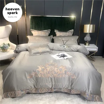 

Elegant Home Textiles Bedding Set 100% Silk Luxury Navy Blue Embroidery Duvet Cover Bed Sheets and Pillowcases 220X240 Sabanas