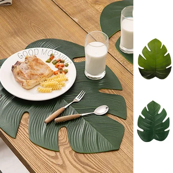 

Elenxs Tablecloth Sheet Green Leaf Shape EVA Insulation Mat Simulation Tropical Palm Pad Table Kitchen Mat Accessories Hot