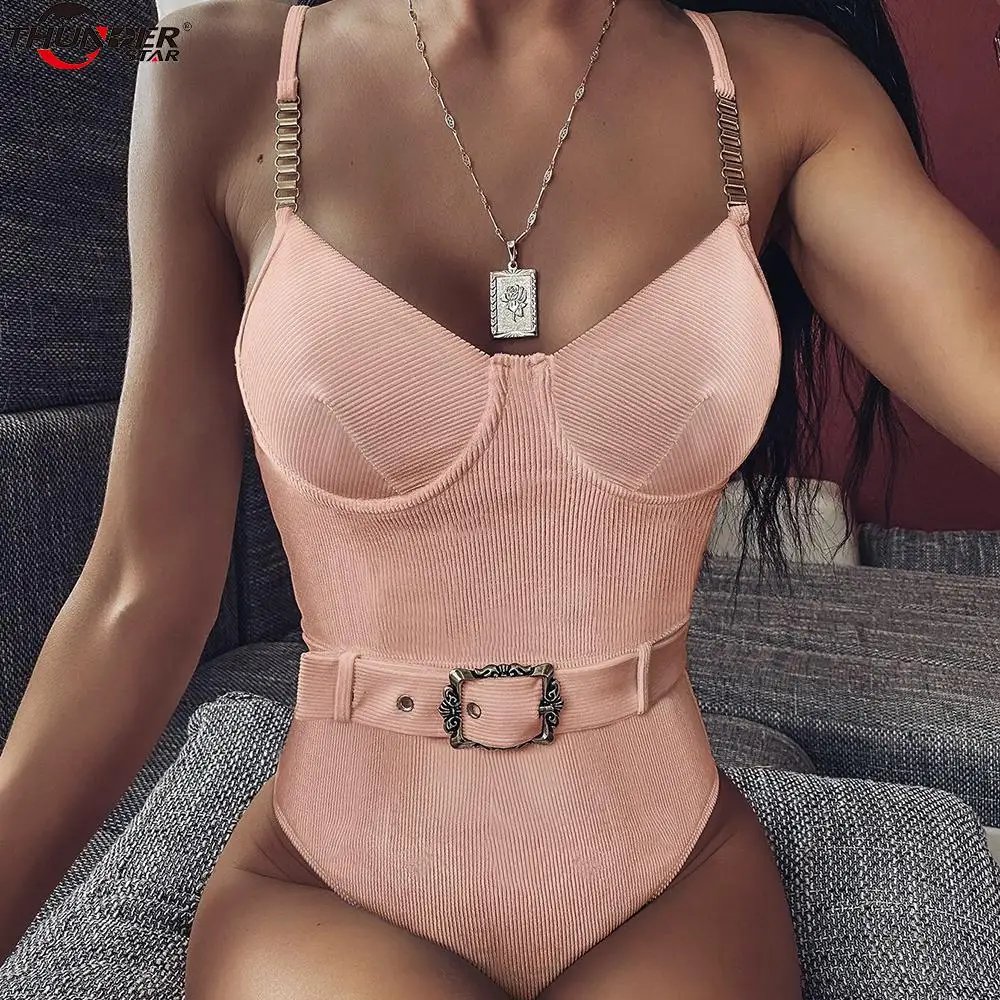 Sexy Belt One Pieces Women White Straps Underwire Padded Bra Swimwear 2020 New Arrival Female Metal Chain Swimsuit Monokini